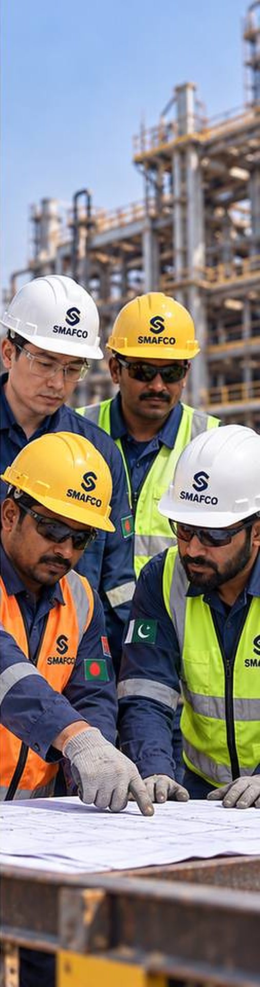 SMAFCO multinational crew reviewing drawings on site